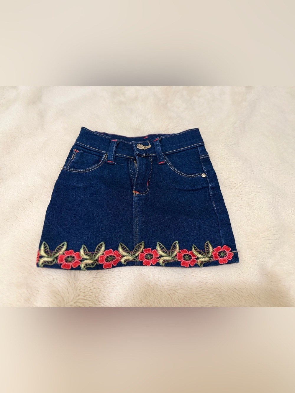 Dark Blue Denim Mini Skirt with Red Floral Hem Embroidery